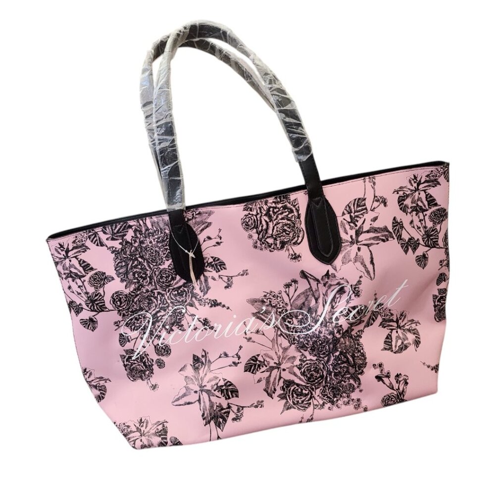 New VICTORIAS SECRET Pink Tote Bag with Black Floral Pattern Bag Purse With Tag